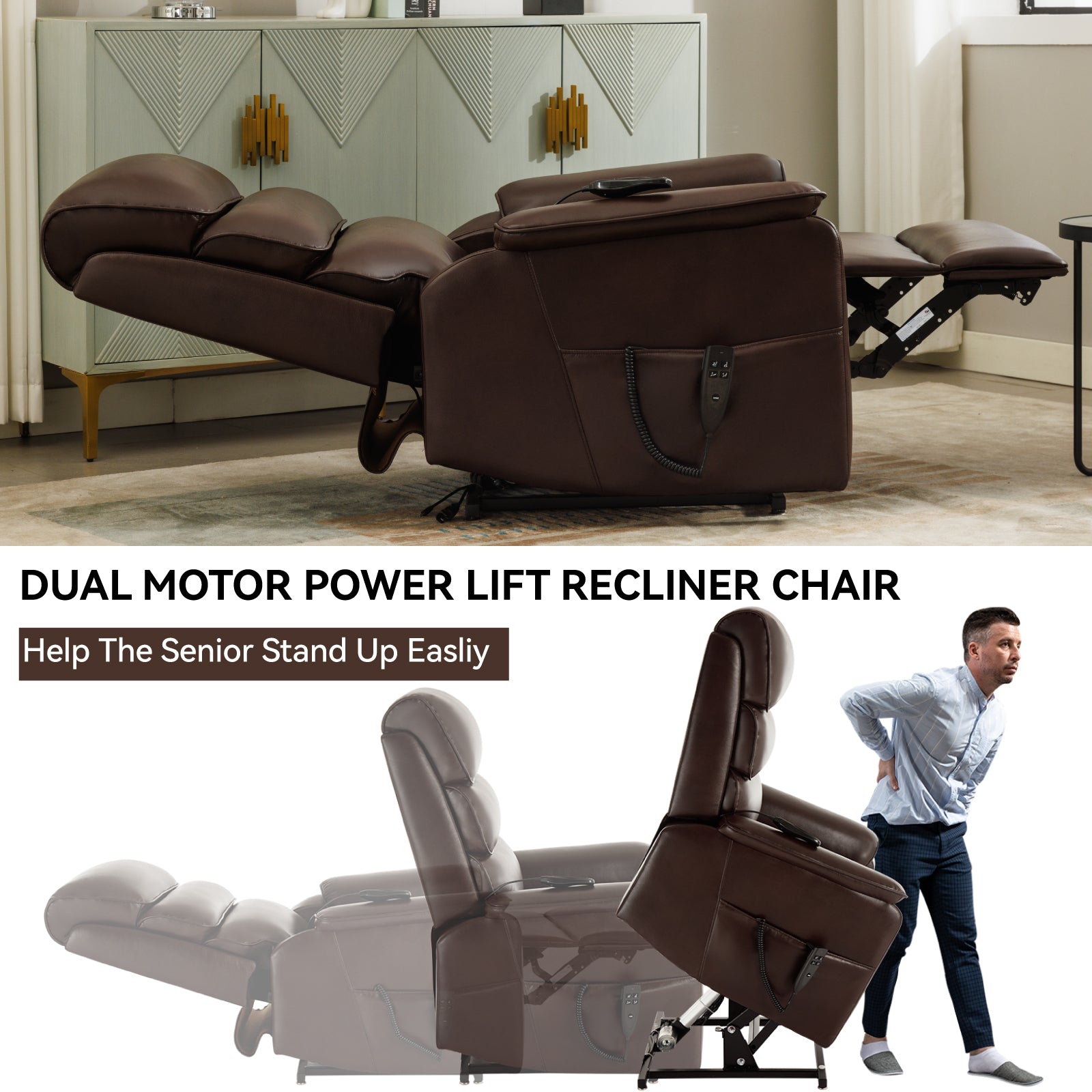 Brown Leatheraire Dual Motor Infinite Position Up to 350 LBS Power Lift Recliner Chair with Power-Remote, Heat Massage and Heavy Duty Motion Mechanism - Grand Goldman Shop