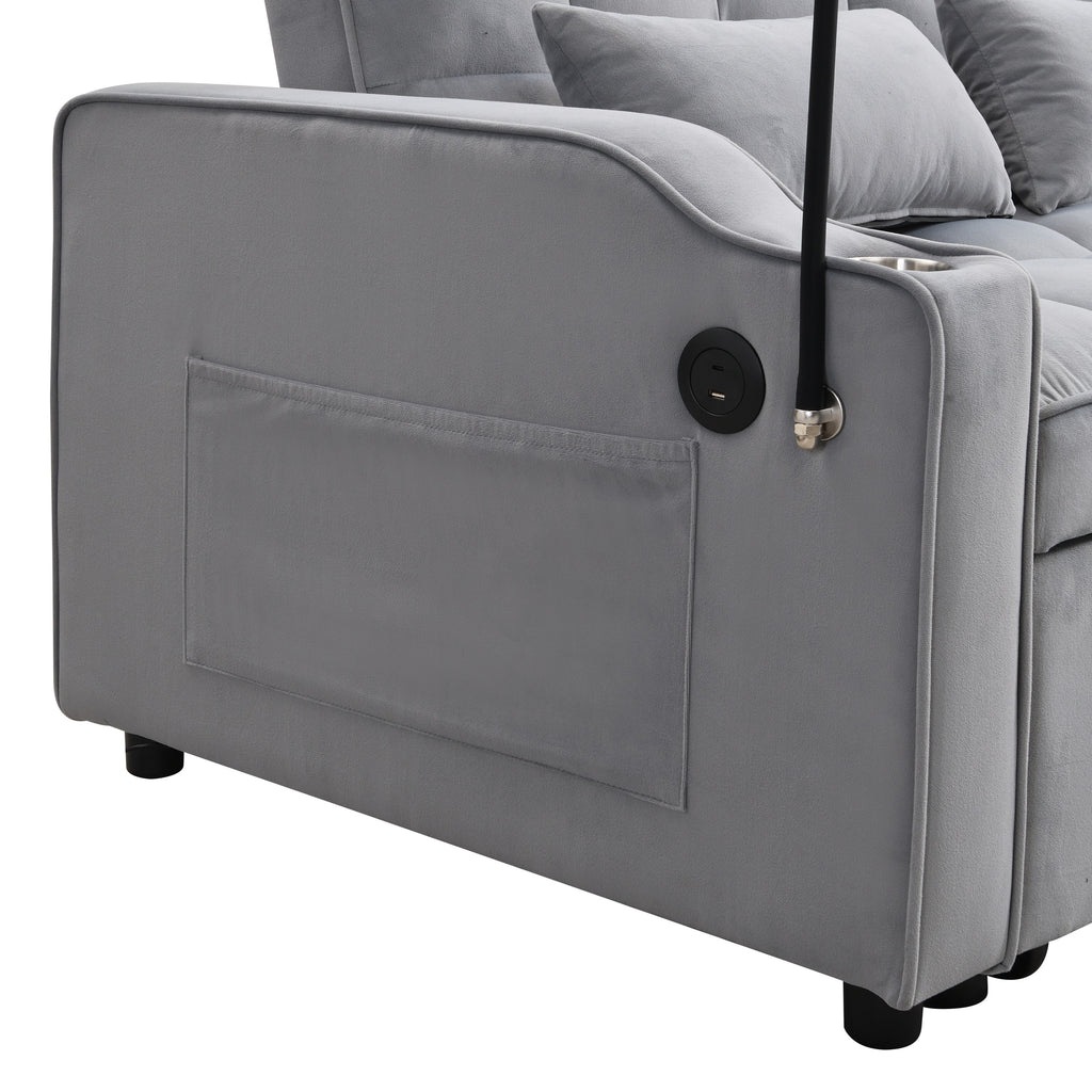 Modern Velvet Loveseat Futon Sofa Couch with Pullout Bed, Adjustable Backrest, Toss Pillows, Light Gray - Grand Goldman Shop