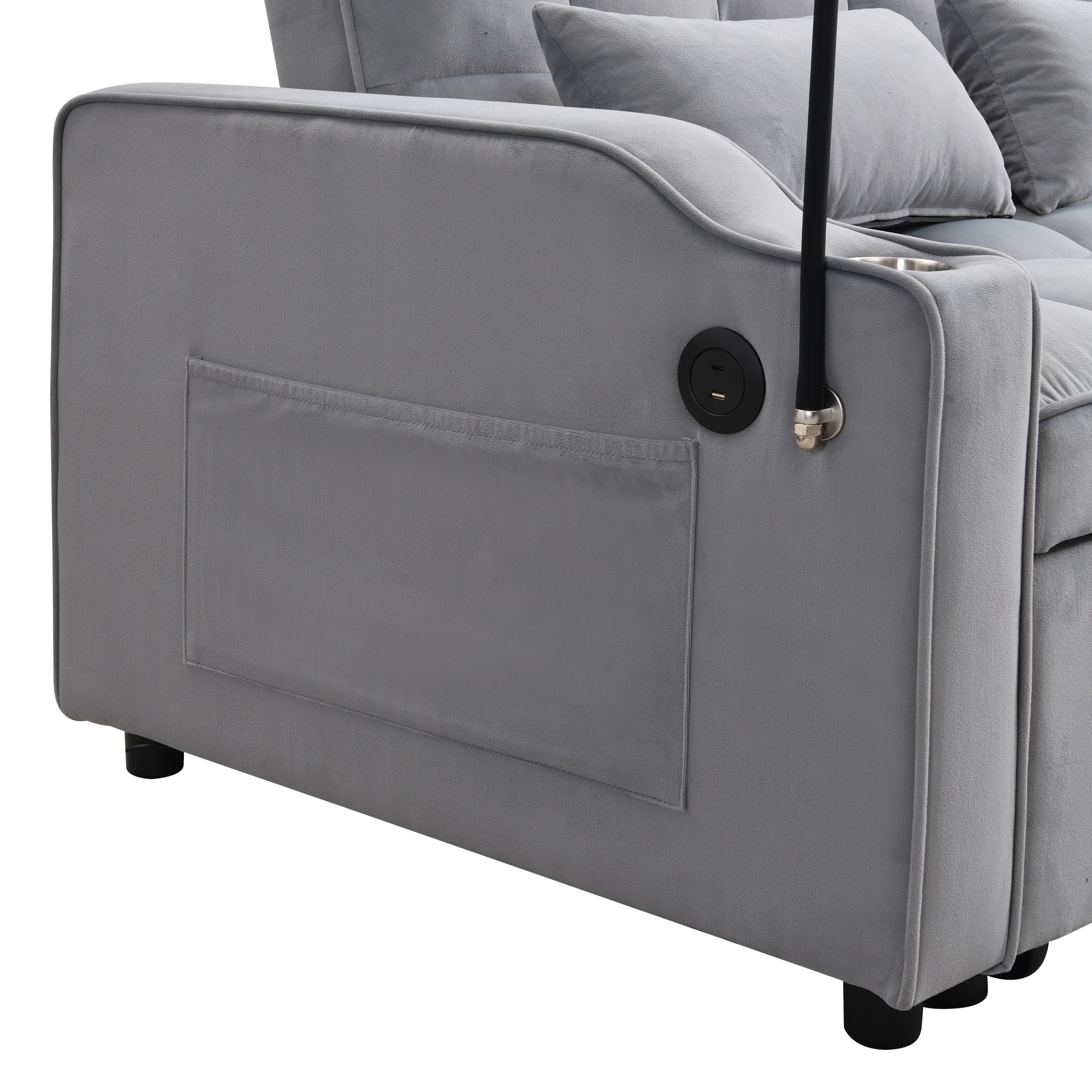 Modern Velvet Loveseat Futon Sofa Couch with Pullout Bed, Adjustable Backrest, Toss Pillows, Light Gray - Grand Goldman Shop