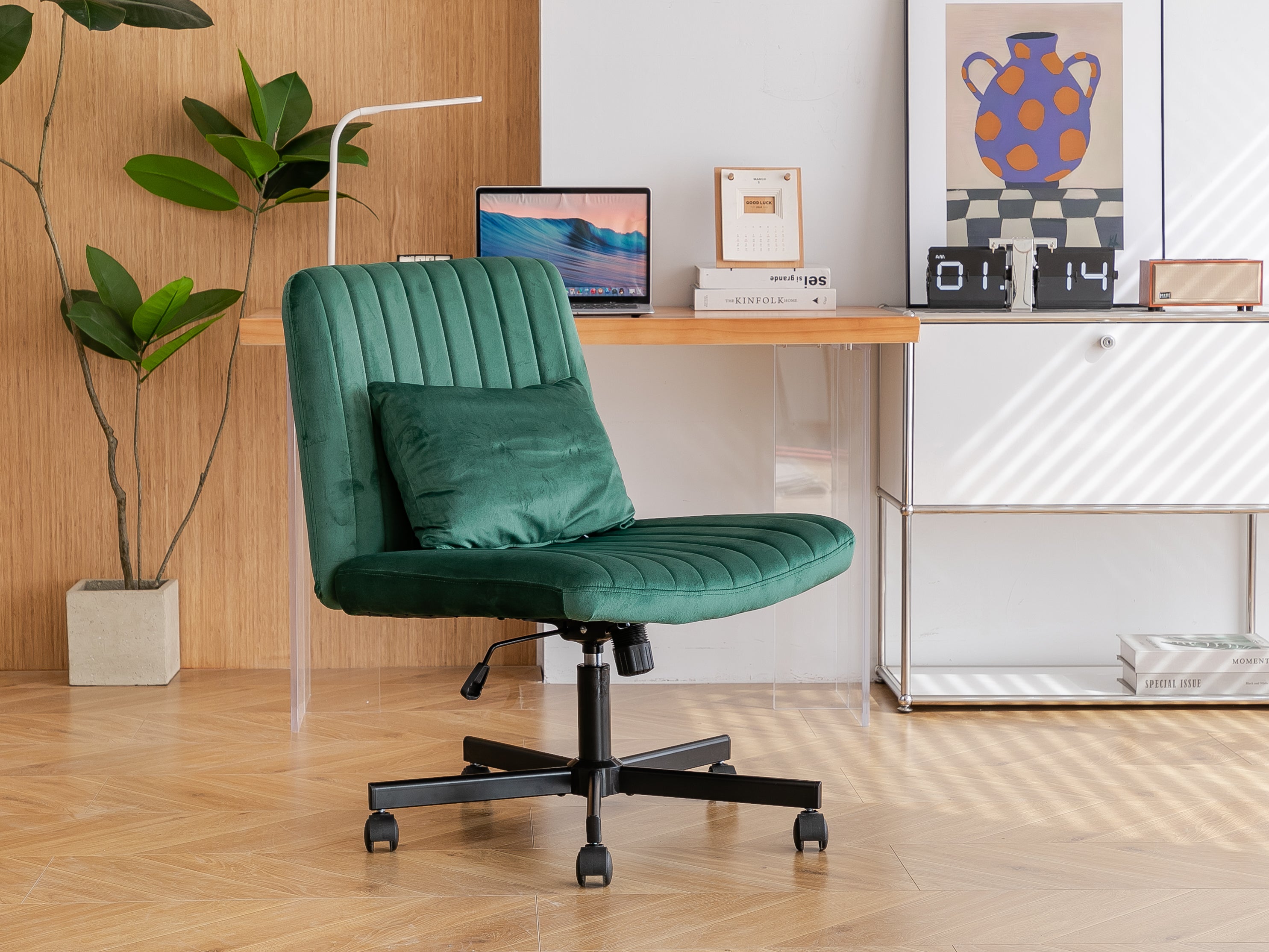 Green Velvet Criss Cross Armless Office Chair with Wheels - Comfortable & Stylish for Home Office, Meditation, and Makeup Use
