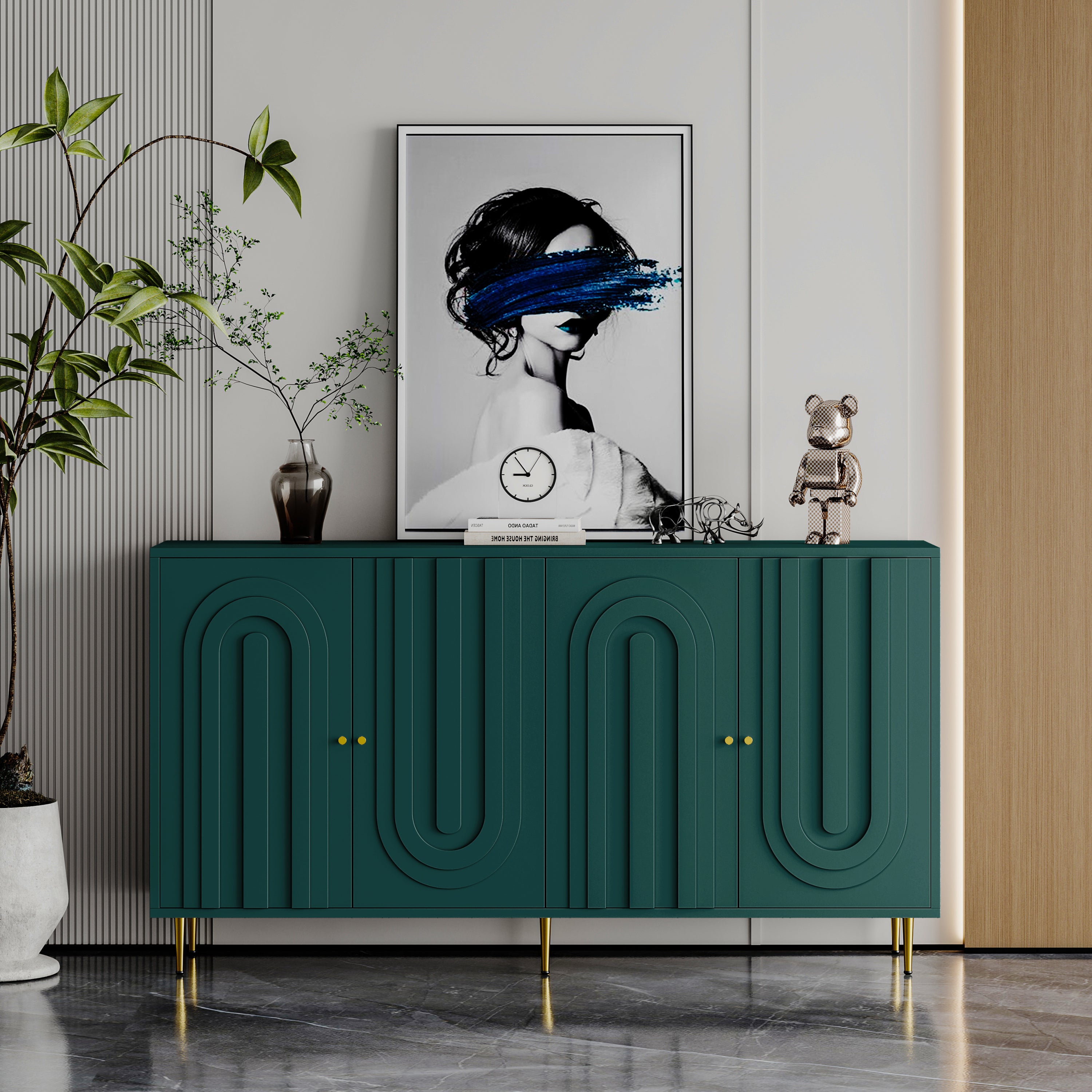 Modern Green Lacquered 4 Door Wooden Cabinet Sideboard Buffet Server Cabinet Storage Cabinet, for Living Room, Entryway, Hallway, Office, Kitchen and Dining Room - Grand Goldman Shop