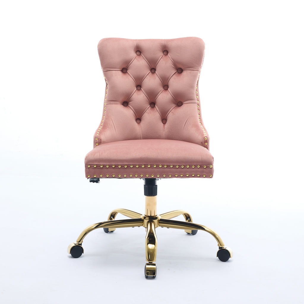 A&A Furniture Office Chair,Modern Velvet Upholstered Tufted Button Home Office Chair with Golden Metal Base,Adjustable Desk C