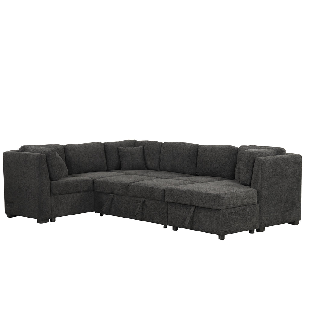 U-shaped Sectional Sofa Pull Out Bed with USB Ports, Power Sockets, Back Pillows & Storage Chaise, Black Chenille, 108.6' - Grand Goldman Shop