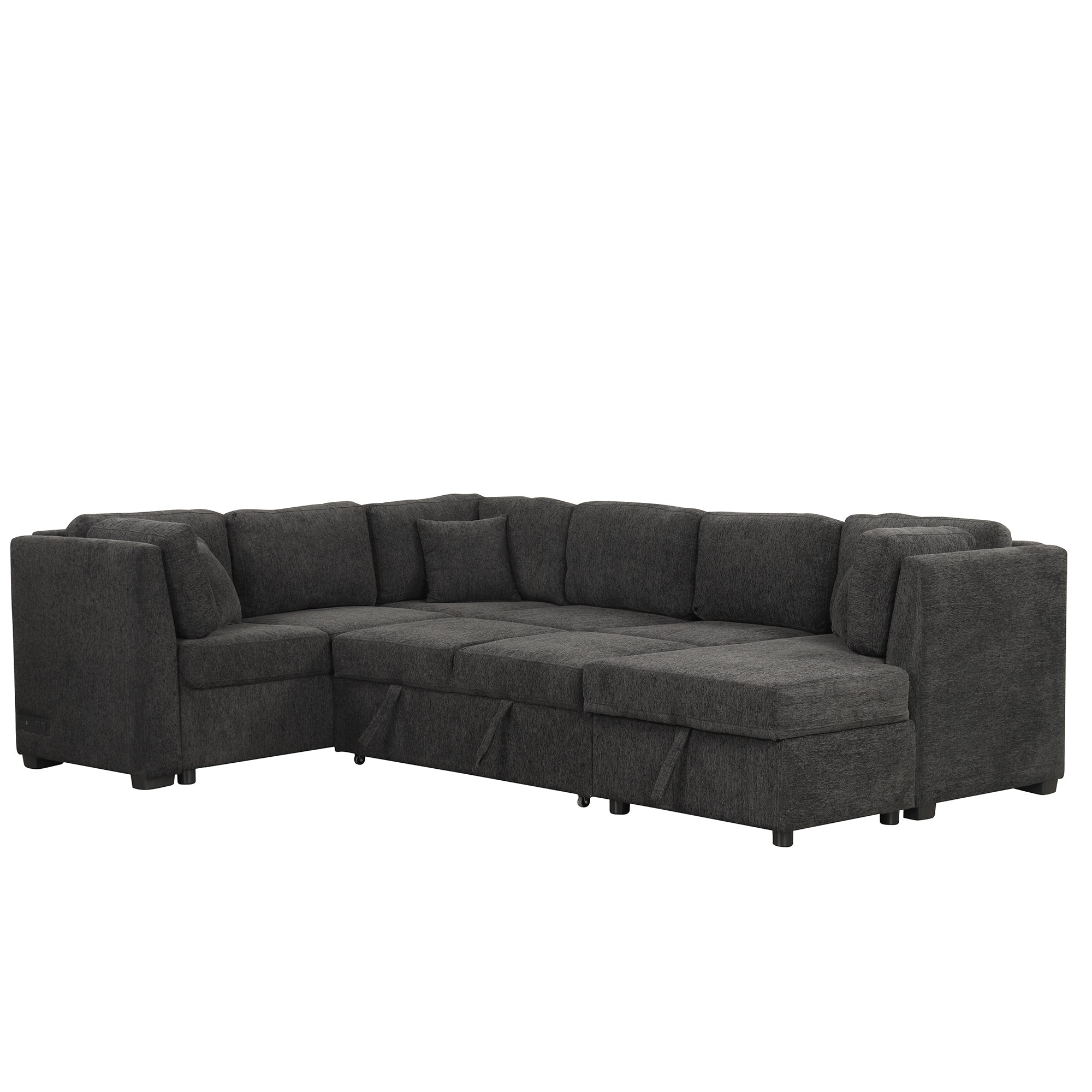 U-shaped Sectional Sofa Pull Out Bed with USB Ports, Power Sockets, Back Pillows & Storage Chaise, Black Chenille, 108.6' - Grand Goldman Shop