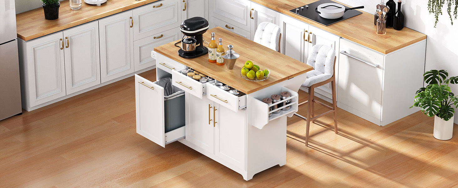K&K 59.3' Kitchen Island with Storage 2 Pull Out Cabinet Organizers & Rubber Wood Drop Leaf, Rolling Kitchen Island with Trash Can Storage, Power Outlet, Spice & Towel Rack for Kitchen, Dining, White - Grand Goldman Shop