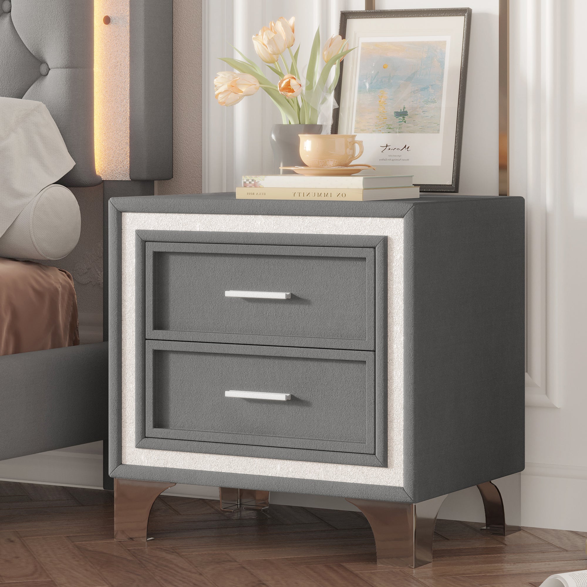 Mid Century Vintage Nightstand with Silver Glitter Strip Decor and Metal Legs, Velvet Bedside Table with 2 Drawers, Fully Assembled Except Legs and Handles, Gray - Grand Goldman Shop
