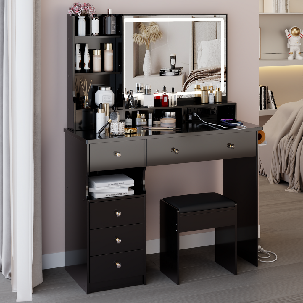 41' Large Size Left Drawer Desktop Vanity Table+Cushioned Stool Dresser Set, 2 AC+2 USB Power Station, Hair Dryer Stand, Extra Large Touch Control LED Mirror, 3-color Switch, EPA, GCC, UL Certificate - Grand Goldman Shop