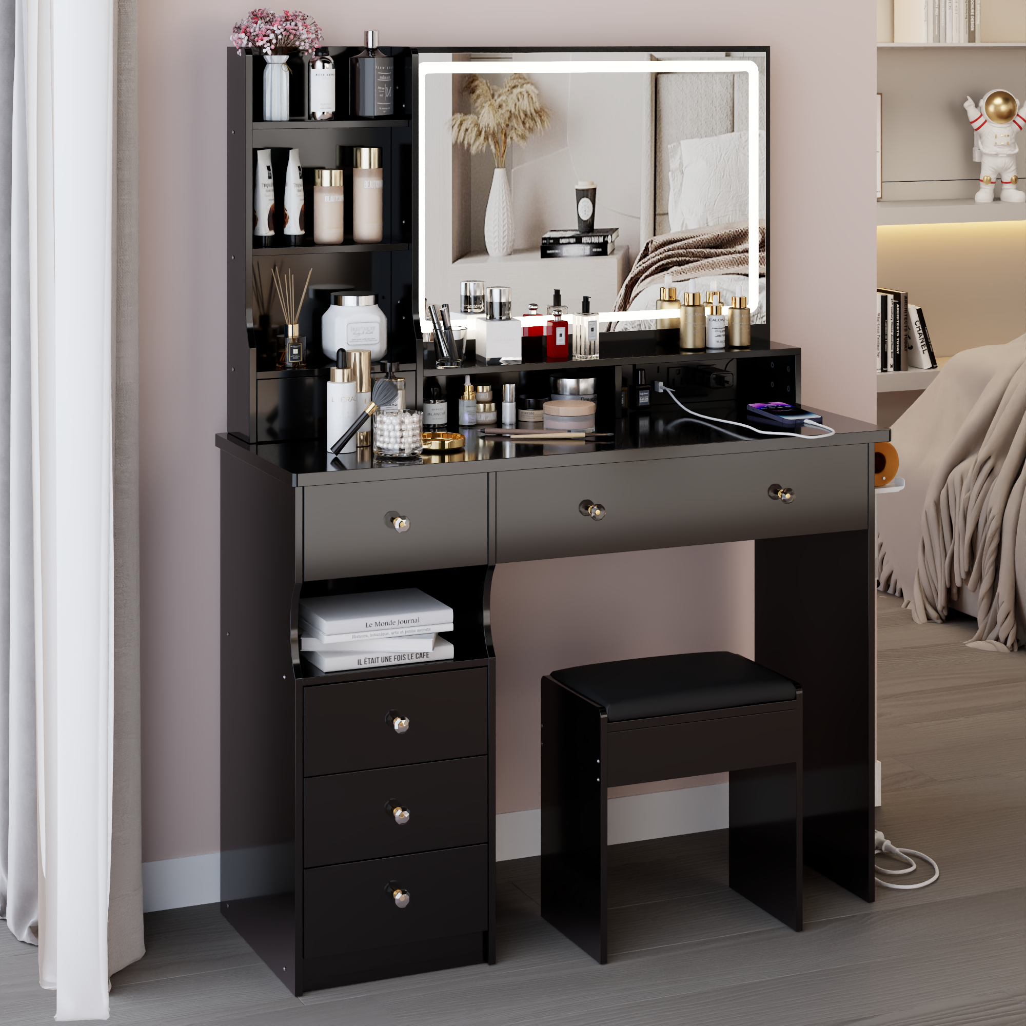 41' Large Size Left Drawer Desktop Vanity Table+Cushioned Stool Dresser Set, 2 AC+2 USB Power Station, Hair Dryer Stand, Extra Large Touch Control LED Mirror, 3-color Switch, EPA, GCC, UL Certificate - Grand Goldman Shop