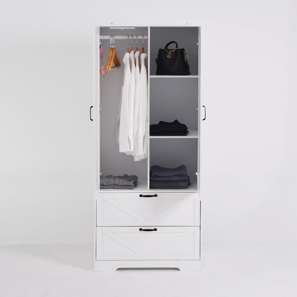 2 Door Wood Wardrobe for Bedroom with Hanging Clothing Rod inside the Cabinet and 2 Drawers for Storage Organization, Built-in induction light Multifunctional Closet with Mirror, White - Grand Goldman Shop