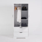 2 Door Wood Wardrobe for Bedroom with Hanging Clothing Rod inside the Cabinet and 2 Drawers for Storage Organization, Built-in induction light Multifunctional Closet with Mirror, White - Grand Goldman Shop