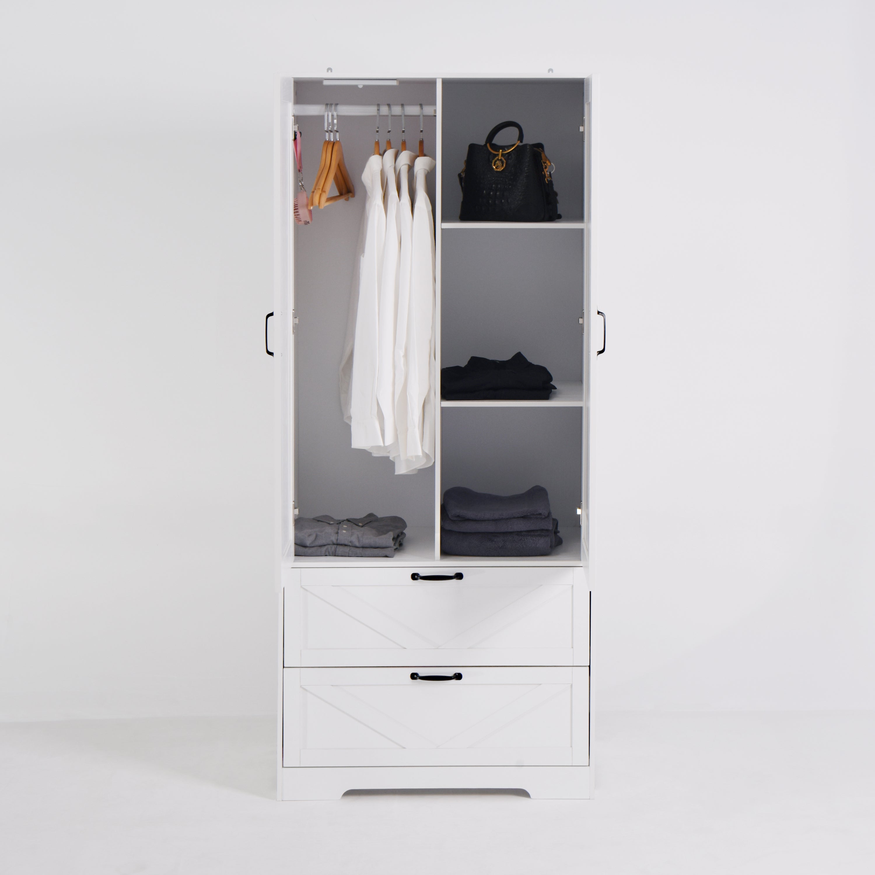 2 Door Wood Wardrobe for Bedroom with Hanging Clothing Rod inside the Cabinet and 2 Drawers for Storage Organization, Built-in induction light Multifunctional Closet with Mirror, White - Grand Goldman Shop