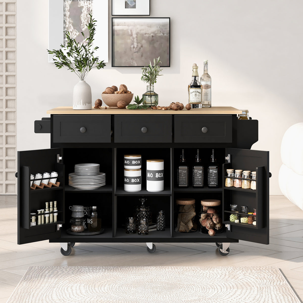 Kitchen Cart with Rubber wood Drop-Leaf Countertop ,Cabinet door internal storage racks,Kitchen Island on 5 Wheels with Storage Cabinet and 3 Drawers for Dinning Room, Black - Grand Goldman Shop