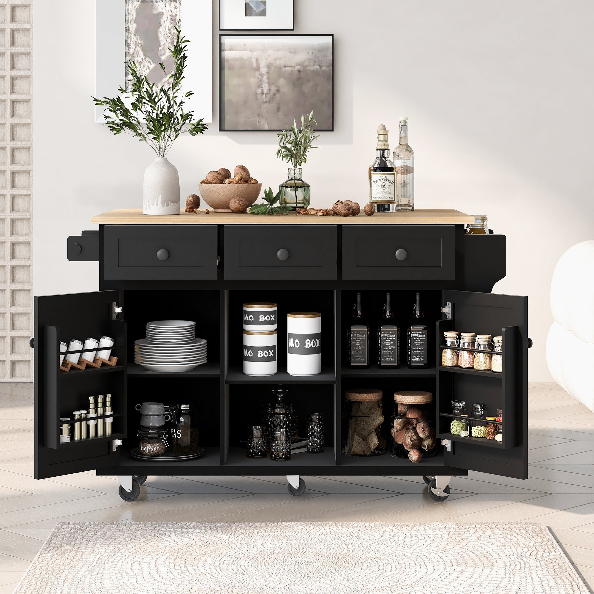 Kitchen Cart with Rubber wood Drop-Leaf Countertop ,Cabinet door internal storage racks,Kitchen Island on 5 Wheels with Storage Cabinet and 3 Drawers for Dinning Room, Black - Grand Goldman Shop