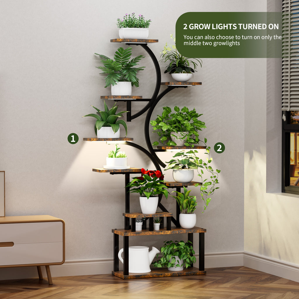 S-Shaped 10-Tier Plant Stand with 5 Grow Lights in Deep Rustic Brown, MDF and Steel, 68.5' Tall for Indoor Plants - Grand Goldman Shop