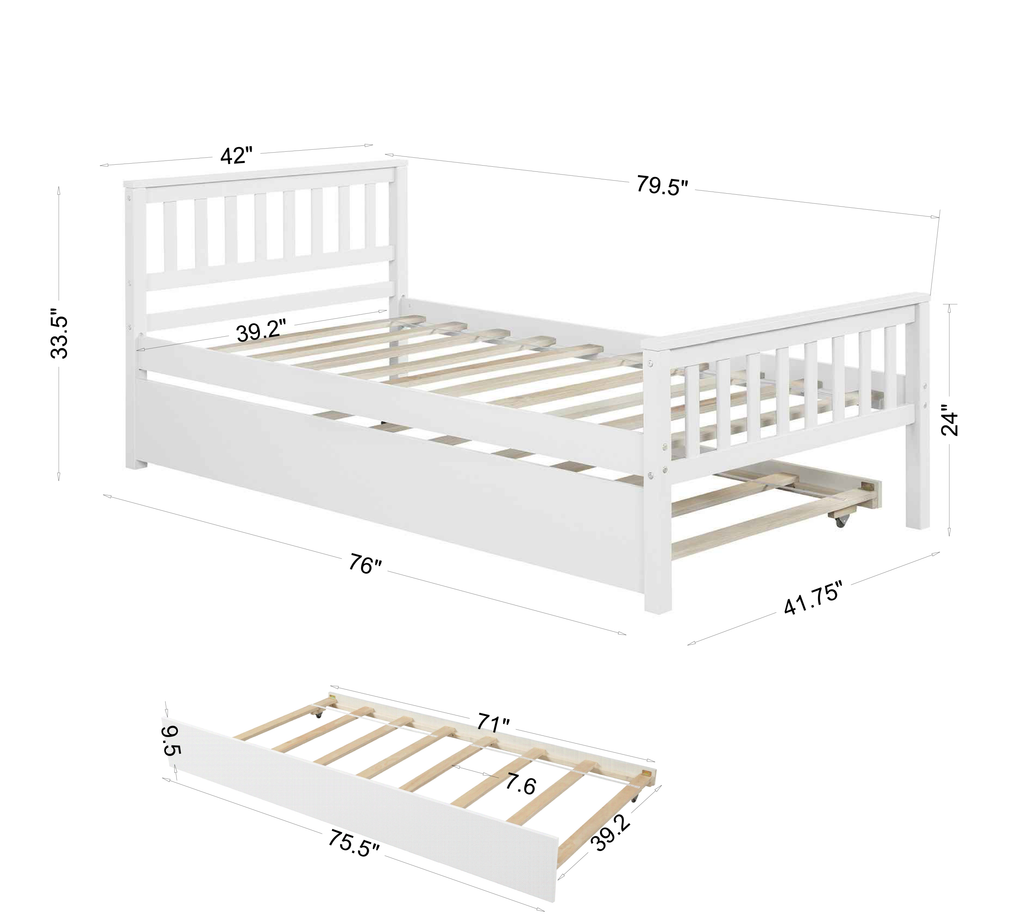 Twin Bed with Trundle, Platform Bed Frame with Headboard and Footboard, for Bedroom Small Living Space,No Box Spring Needed,White - Grand Goldman Shop