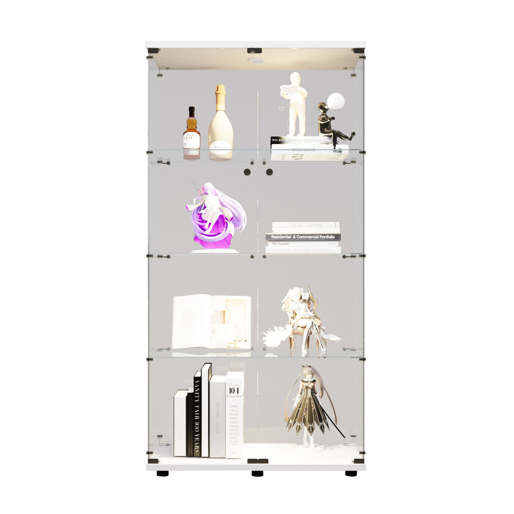 Two-door LED lights  Glass Display Cabinet 4 Shelves with Door, Floor Standing Curio Bookshelf for Living Room Bedroom Office