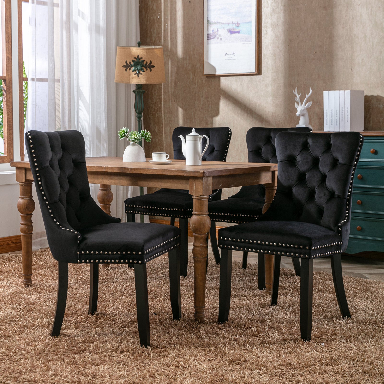 Nikki Collection Modern, High-end Tufted Solid Wood Contemporary Velvet Upholstered Dining Chair with Wood Legs Nailhead Trim 2-Pcs Set, Black, SW2001BK - Grand Goldman Shop