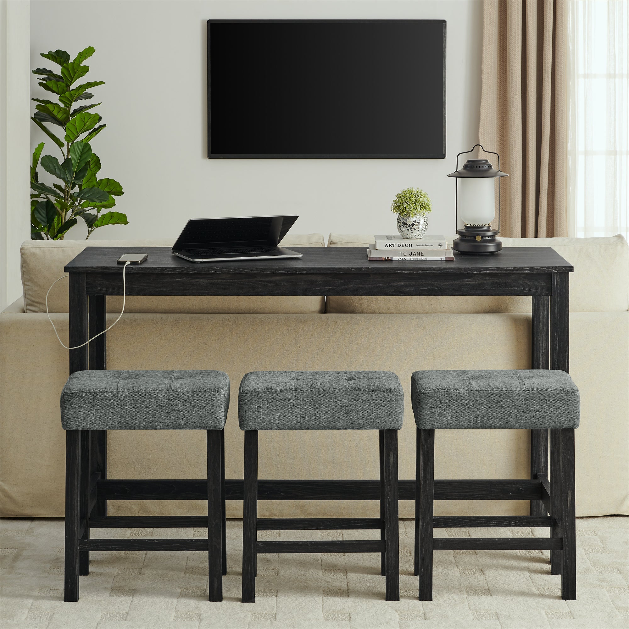 59 Inch Bar Table, Dining Table, Sofa Table with Power Outlet, 3 Upholstered Stools, 4 Piece Bar Table and Chair Set for Living Room, Dining Room, Kitchen - Grand Goldman Shop