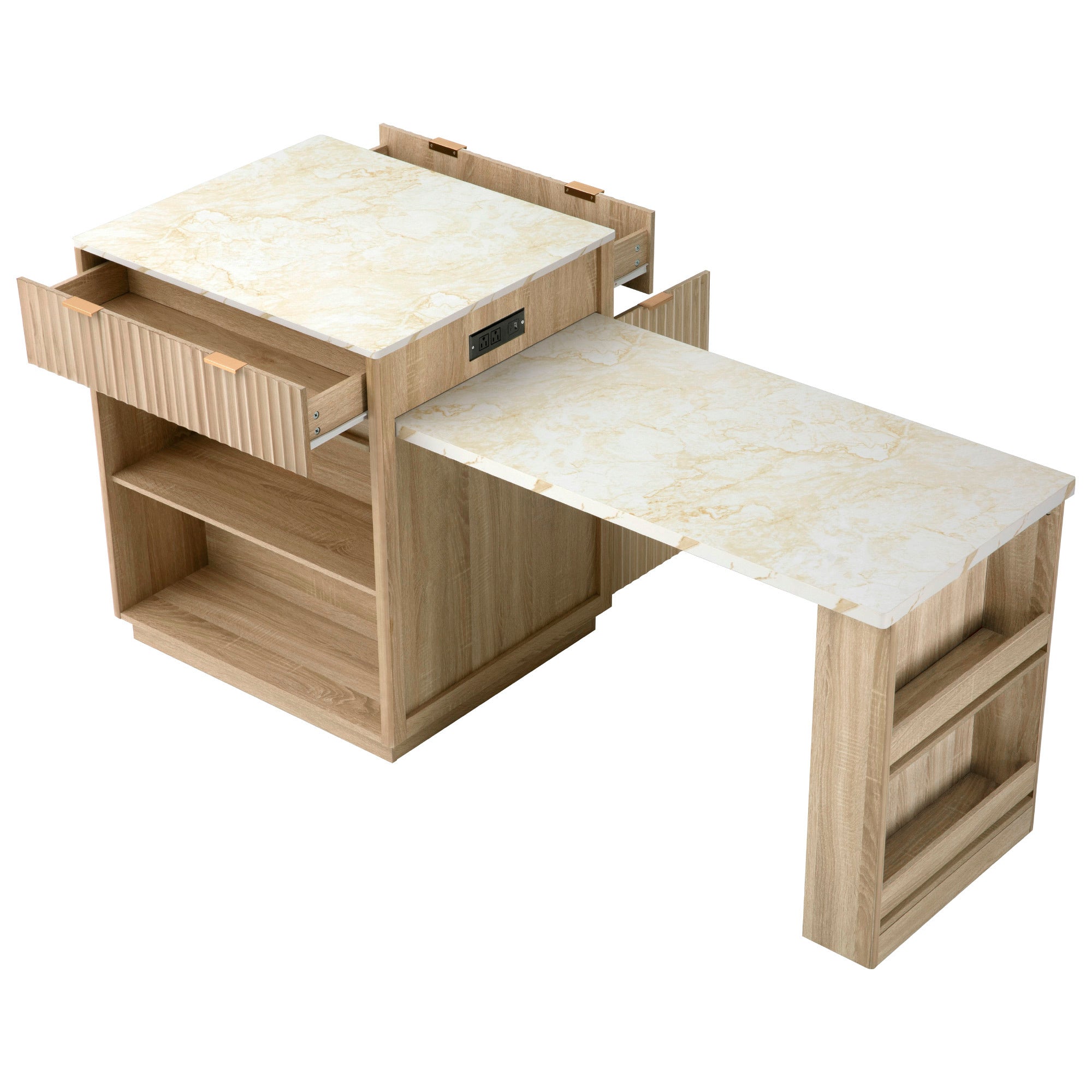 K&K 82.6' Fluted Kitchen Island with Extendable Dining Table for 4-6, Island Table for Kitchen with Power Outlet, Kitchen Table with Double-Side Storage, 2 Drawers 2 Side Open Shelves, Natural - Grand Goldman Shop