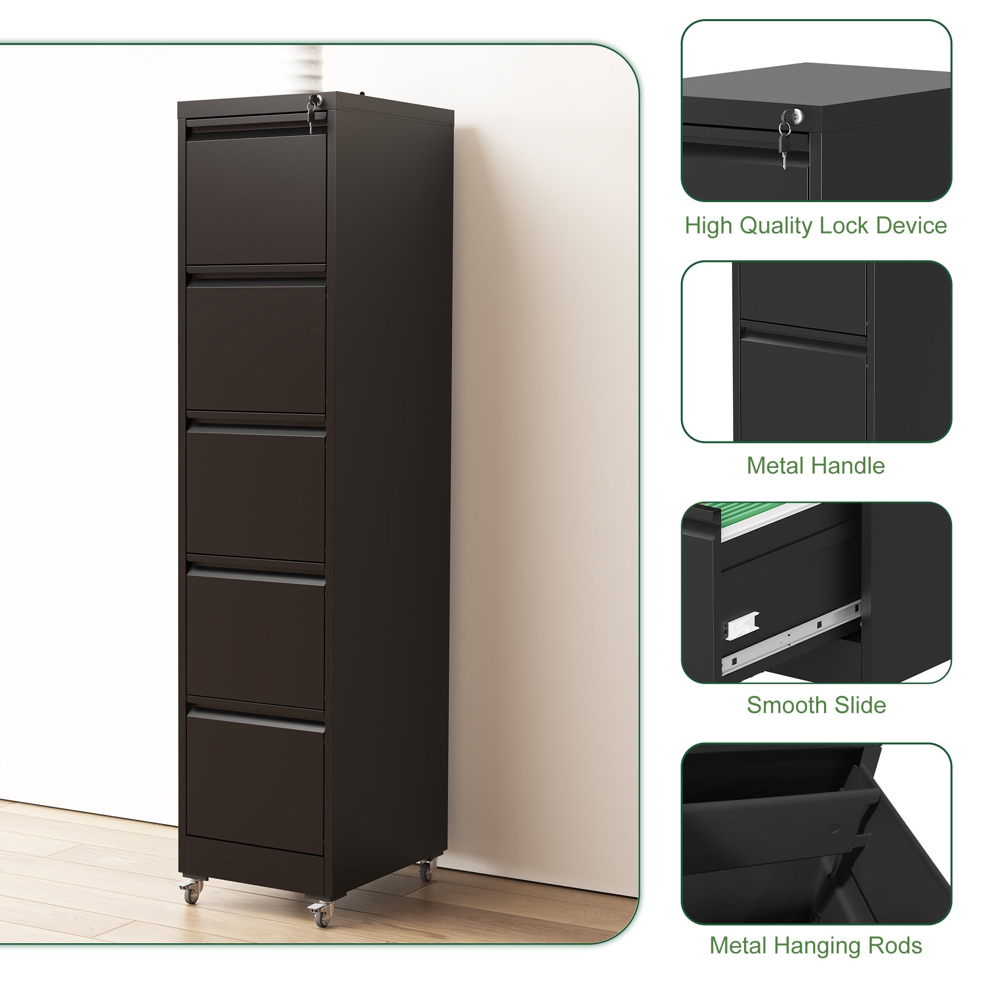 Heavy Duty Black Metal 5 Drawer Vertical File Cabinet with Lock and Wheels for Home Office - Grand Goldman