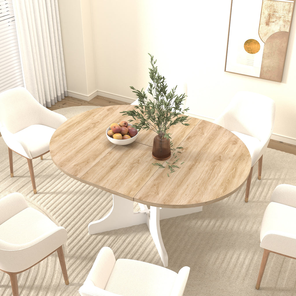 Dining Table for Farmhouse Kitchen 59x43 Inch Expandable Oval Table Top with Removable Leaf Trestle X Shaped Base White - Grand Goldman Shop