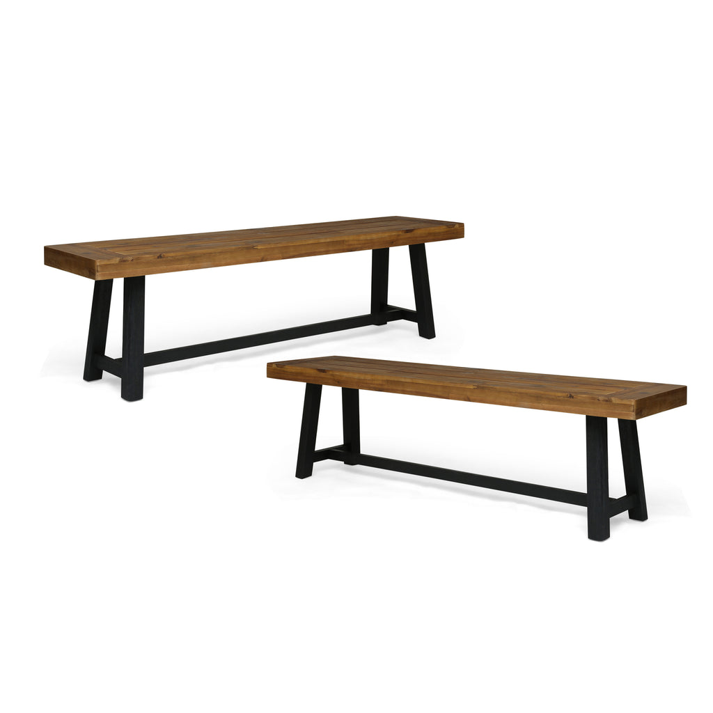 Cloud Outdoor Bench with Acacia Wood Frame and Slat Panel Design, Set of 2,Sandblast Teak Finish and Black - Grand Goldman Shop
