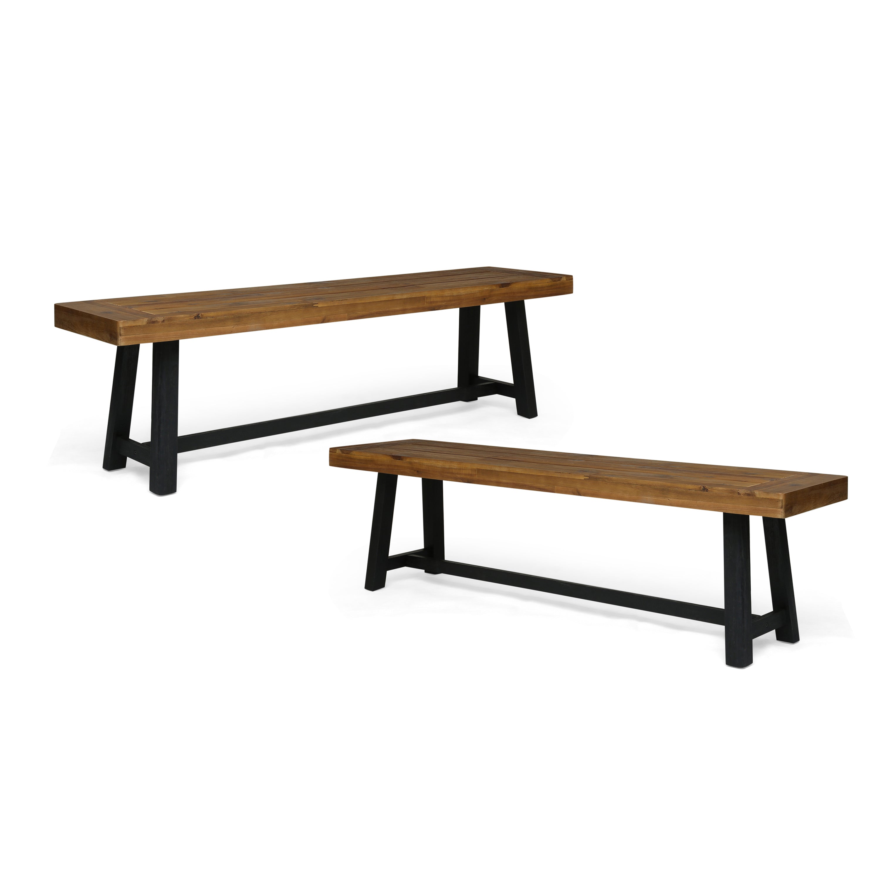 Cloud Outdoor Bench with Acacia Wood Frame and Slat Panel Design, Set of 2,Sandblast Teak Finish and Black - Grand Goldman Shop
