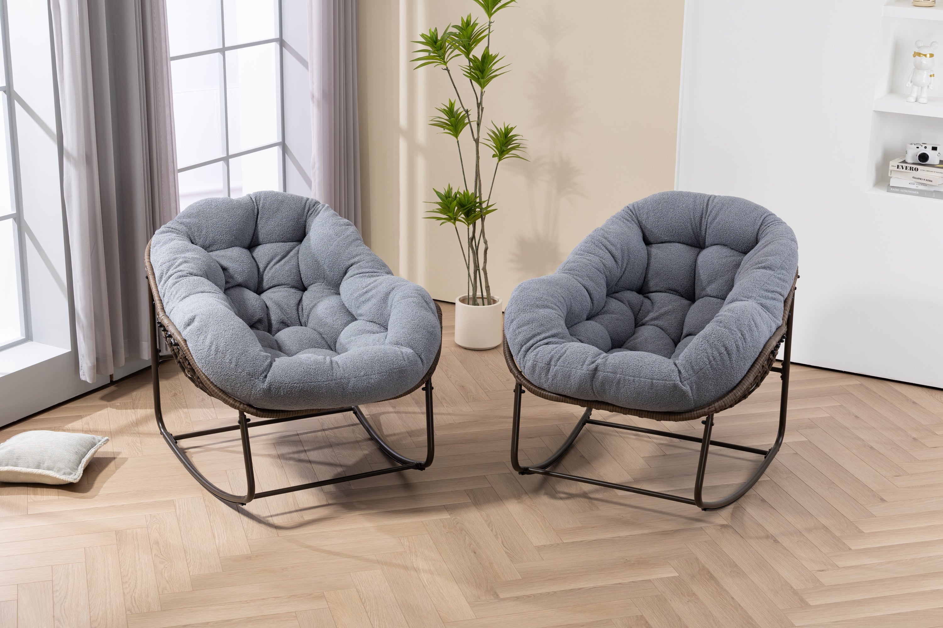 Outdoor Rattan Rocking Chair,Padded Cushion Rocker Recliner Chair Outdoor for Front Porch, Living Room, Patio, Garden, Grey - Grand Goldman Shop