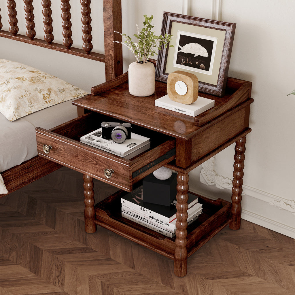 Retro Style Nightstand with Drawer and Open Shelf for Bedroom, Bedside Table with Turned Legs and Metal Handle,Walnut - Grand Goldman Shop