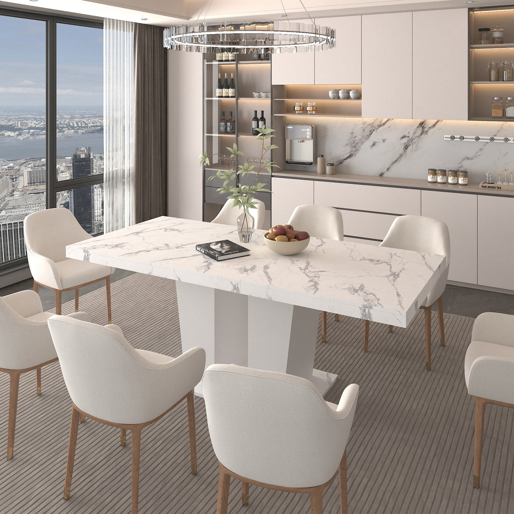 Extendable Dining Room Table for 6-10 Modern White Faux Marble Wooden Expandable Kitchen Table w/Dual Column Pedestal Base, Large Rectangle Dining Table - Grand Goldman Shop