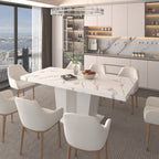 Extendable Dining Room Table for 6-10 Modern White Faux Marble Wooden Expandable Kitchen Table w/Dual Column Pedestal Base, Large Rectangle Dining Table - Grand Goldman Shop