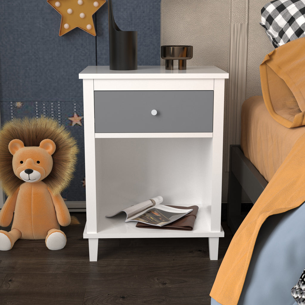 Gray+Silver Handle Wooden Nightstand 26.77''H with One Drawer One Shelf for Kids and Adults, White+Gray Finish MDF - Grand Goldman Shop