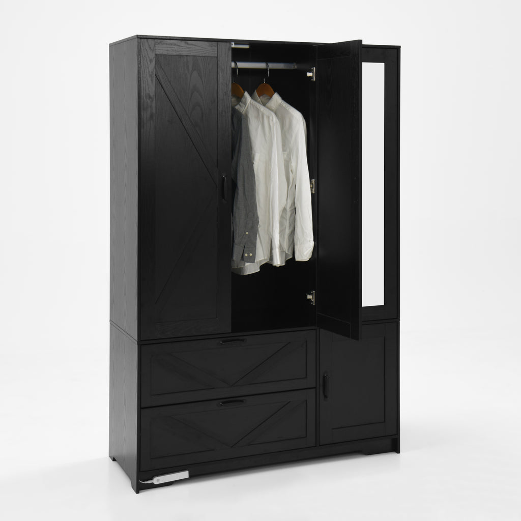 4 Doors Wardrobe Closet with Mirror, LED Wardrobe with Doors and 2 Drawers, Wooden Wardrobe Storage Cabinet with Hanging Rod, Adjustable Shelves, Black - Grand Goldman Shop