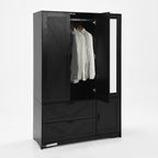 4 Doors Wardrobe Closet with Mirror, LED Wardrobe with Doors and 2 Drawers, Wooden Wardrobe Storage Cabinet with Hanging Rod, Adjustable Shelves, Black - Grand Goldman Shop