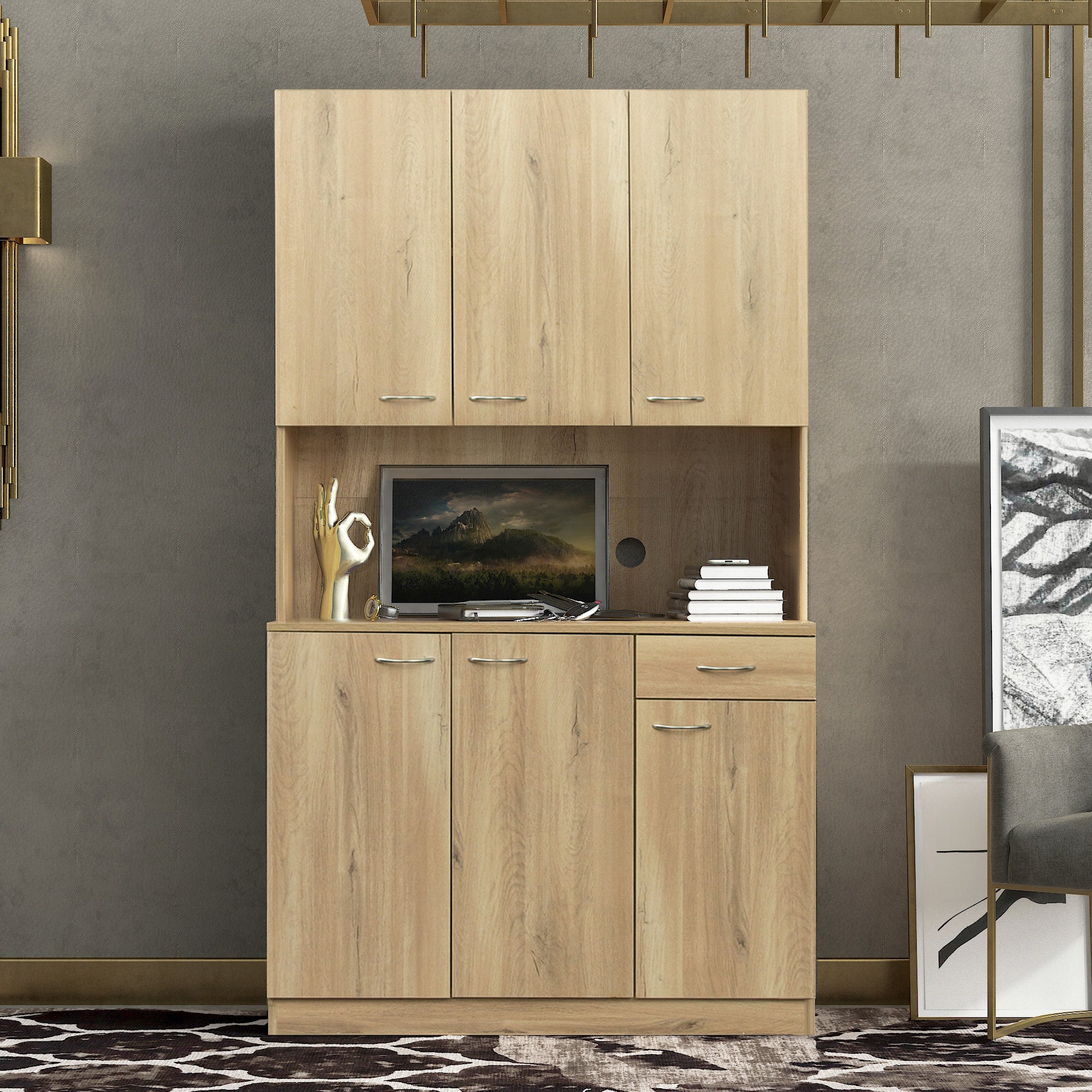 70.87' Tall Wardrobe& Kitchen Cabinet, with 6-Doors, 1-Open Shelves and 1-Drawer for bedroom,Rustic Oak - Grand Goldman Shop