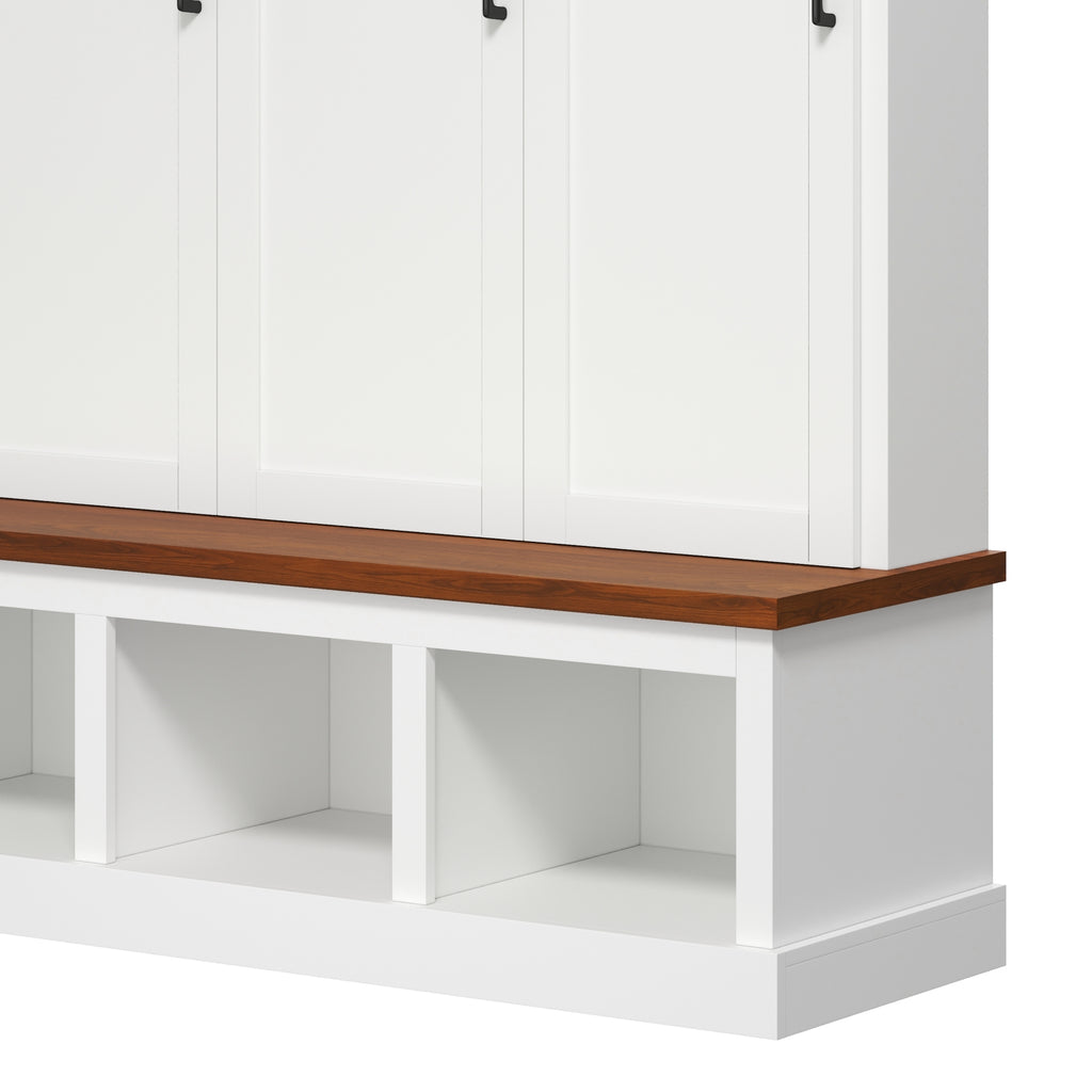 Classic Arched Design Hall Tree with 3 Hidden Storage, Farmhouse Mudroom with Walnut Bench, Mid-Century All-in-One Entryway Organizer with 5 Hooks for Hallway, White - Grand Goldman Shop