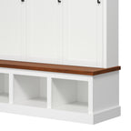 Classic Arched Design Hall Tree with 3 Hidden Storage, Farmhouse Mudroom with Walnut Bench, Mid-Century All-in-One Entryway Organizer with 5 Hooks for Hallway, White - Grand Goldman Shop
