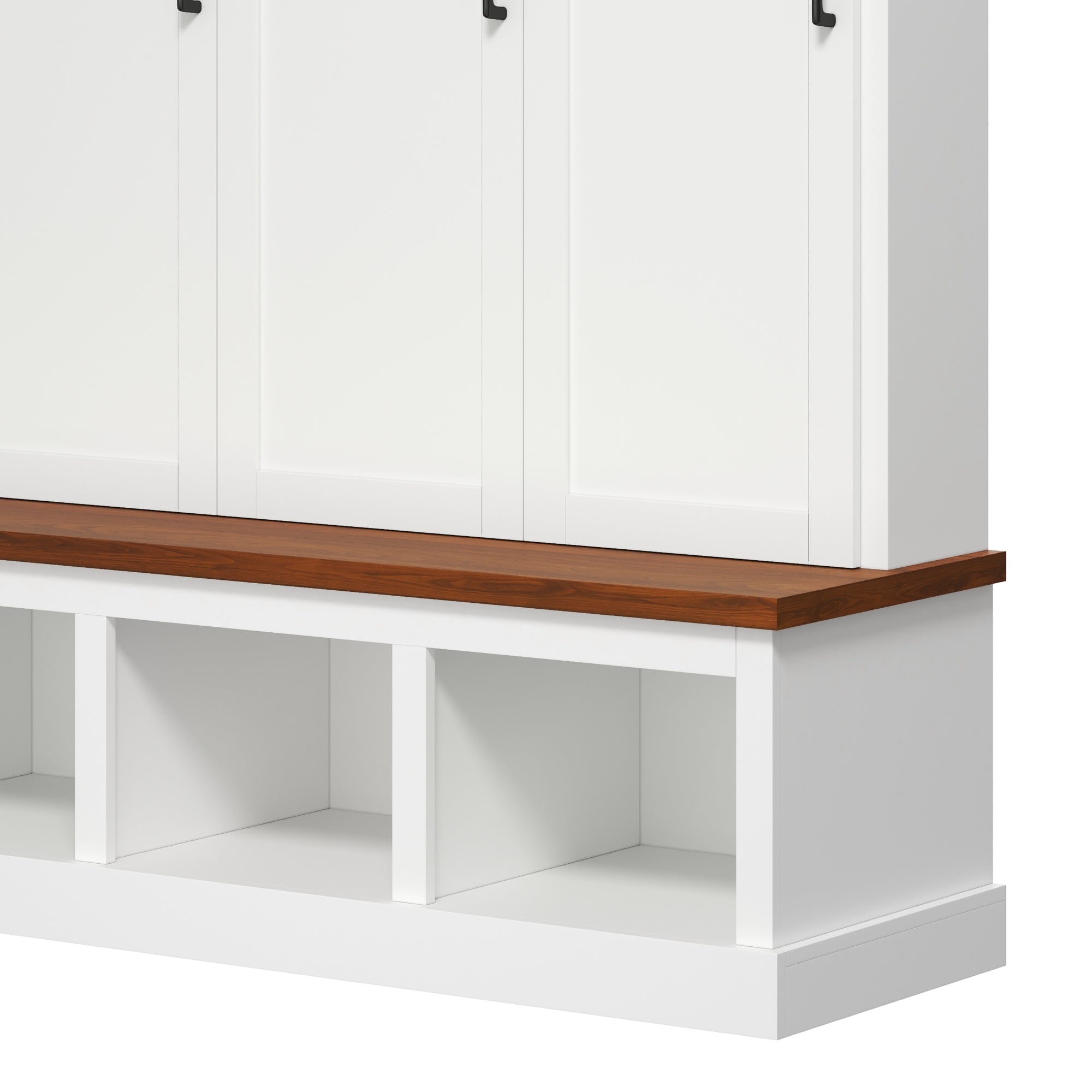 Classic Arched Design Hall Tree with 3 Hidden Storage, Farmhouse Mudroom with Walnut Bench, Mid-Century All-in-One Entryway Organizer with 5 Hooks for Hallway, White - Grand Goldman Shop