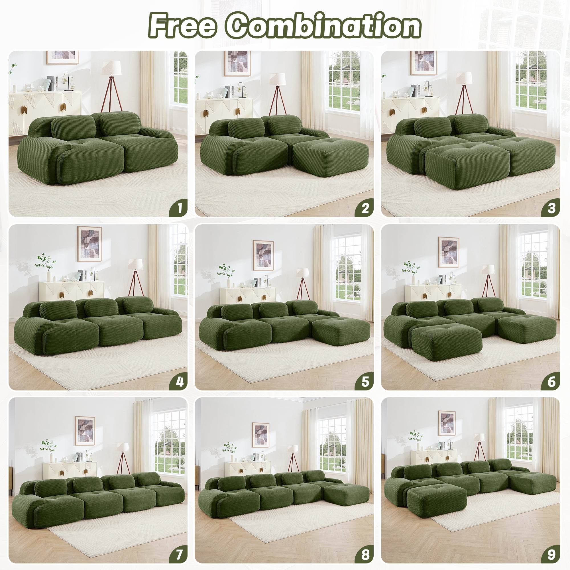 82'' loveseat sofa in luxuryCorduroy Fabric modular for free combo separation curved armrests ,anti-slip design high-resilience sponge fits living rooms bedrooms Audiovisual Room,Olive green - Grand Goldman Shop