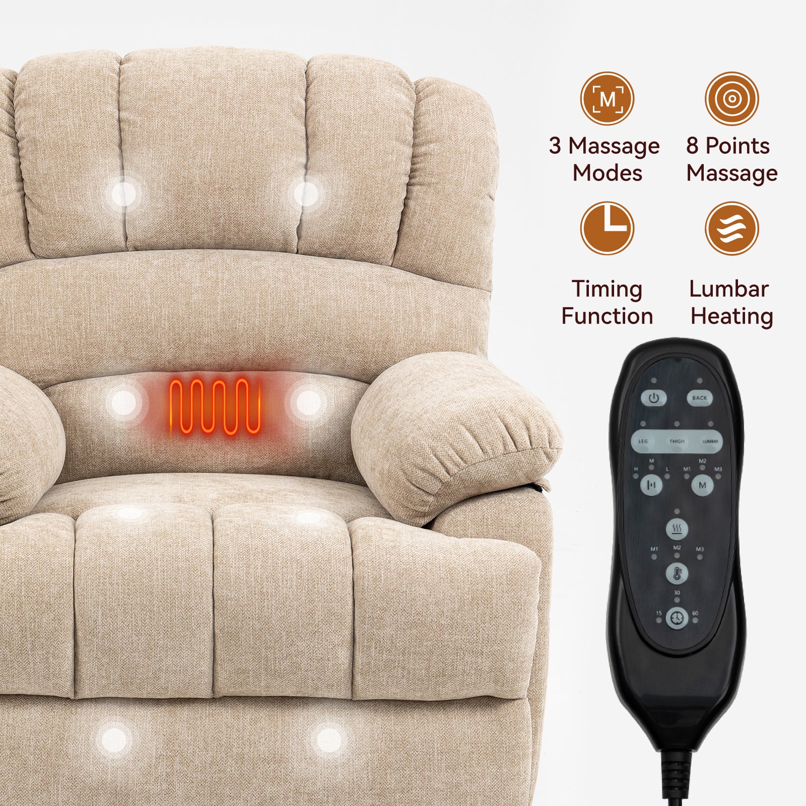 23' Seat Width and High Back Large Size Beige Chenille Power Lift Recliner Chair with 8-Point Vibration Massage and Lumbar Heating - Grand Goldman Shop