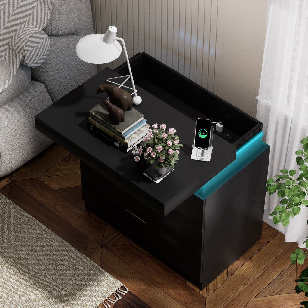 Nightstand with Charging Station and LED Lights,Night Stand with Sliding Top for Bedroom,Bedside Table with Drawers,Modern End Side Table,Black.28.8''W x 17''D x 30.5''H. - Grand Goldman Shop