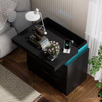 Nightstand with Charging Station and LED Lights,Night Stand with Sliding Top for Bedroom,Bedside Table with Drawers,Modern End Side Table,Black.28.8''W x 17''D x 30.5''H. - Grand Goldman Shop