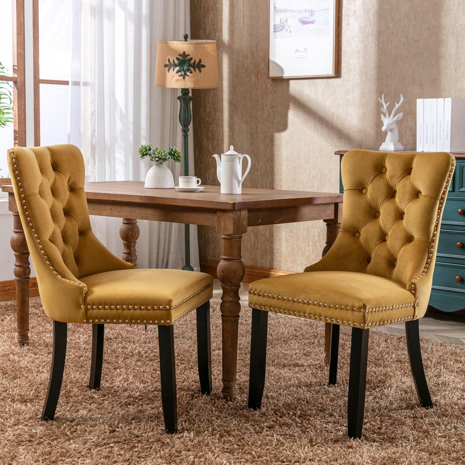 Nikki Collection Modern, High-end Tufted Solid Wood Contemporary Velvet Upholstered Dining Chair with Wood Legs Nailhead Trim 2-Pcs Set,Gloden, SW2001GL - Grand Goldman Shop