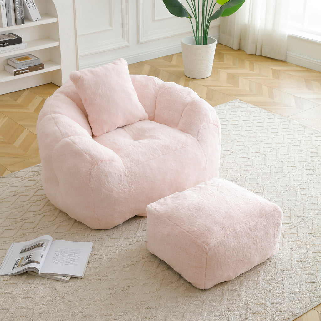 Giant Bean Bag Chair withFootstool, Oversized Bean Bag  for Adults and Kids, Faux Fur Shell-Shaped Large Chair with Filler, Stuffed Big Accent Sofa,  Floor Sofa for Gaming,Reading Living Room Bedroom - Grand Goldman Shop