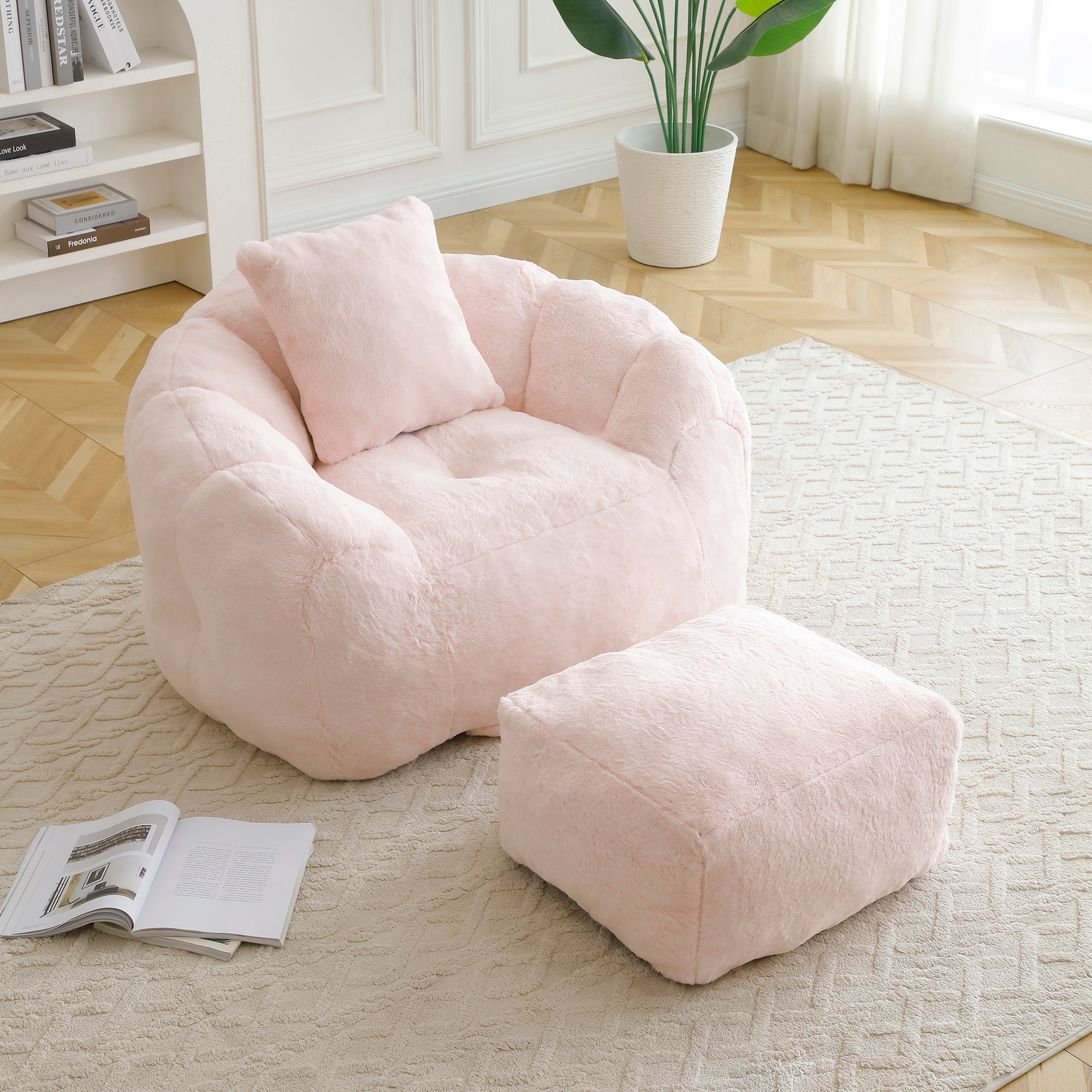 Giant Bean Bag Chair withFootstool, Oversized Bean Bag  for Adults and Kids, Faux Fur Shell-Shaped Large Chair with Filler, Stuffed Big Accent Sofa,  Floor Sofa for Gaming,Reading Living Room Bedroom - Grand Goldman Shop