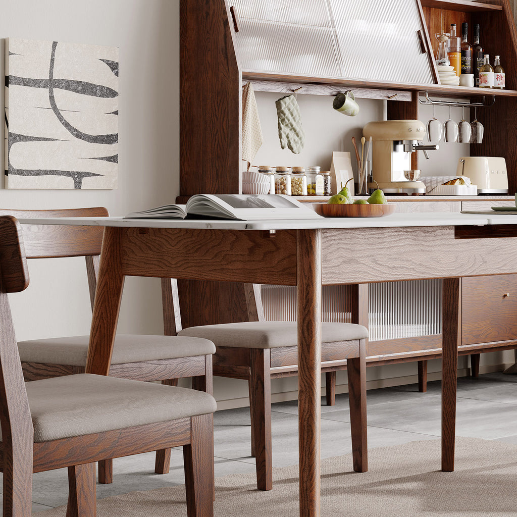 Walnut Solid Oak and White Slate Telescopic Dining Table for 6-8 People, Wood (Walnut Color) - Grand Goldman Shop