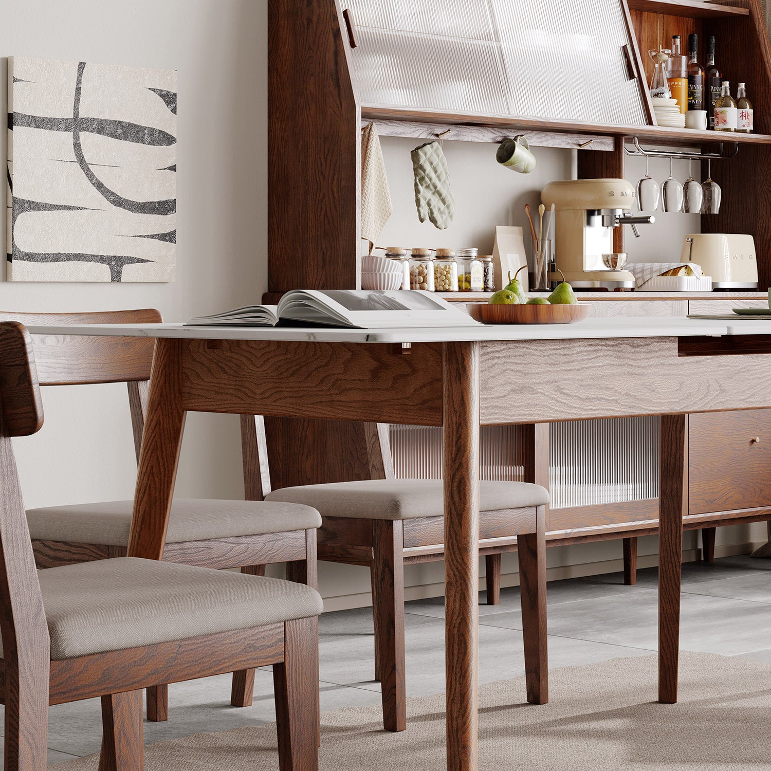 Walnut Solid Oak and White Slate Telescopic Dining Table for 6-8 People, Wood (Walnut Color) - Grand Goldman Shop
