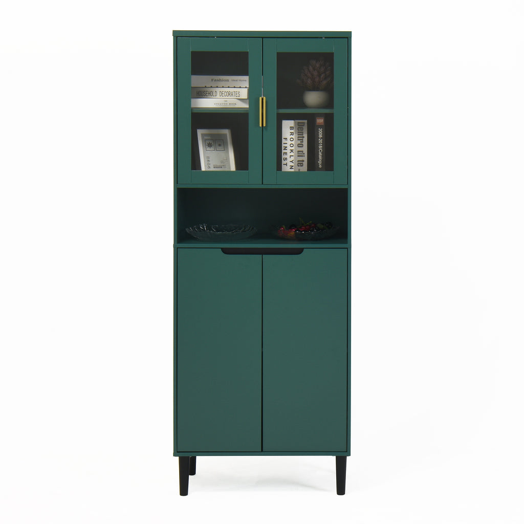 Tempered Glass Door Tall Storage Bookcase with adjustable board, 4 doors MDF painting finished cabinet, Green, Living room Bedroom storage - Grand Goldman Shop