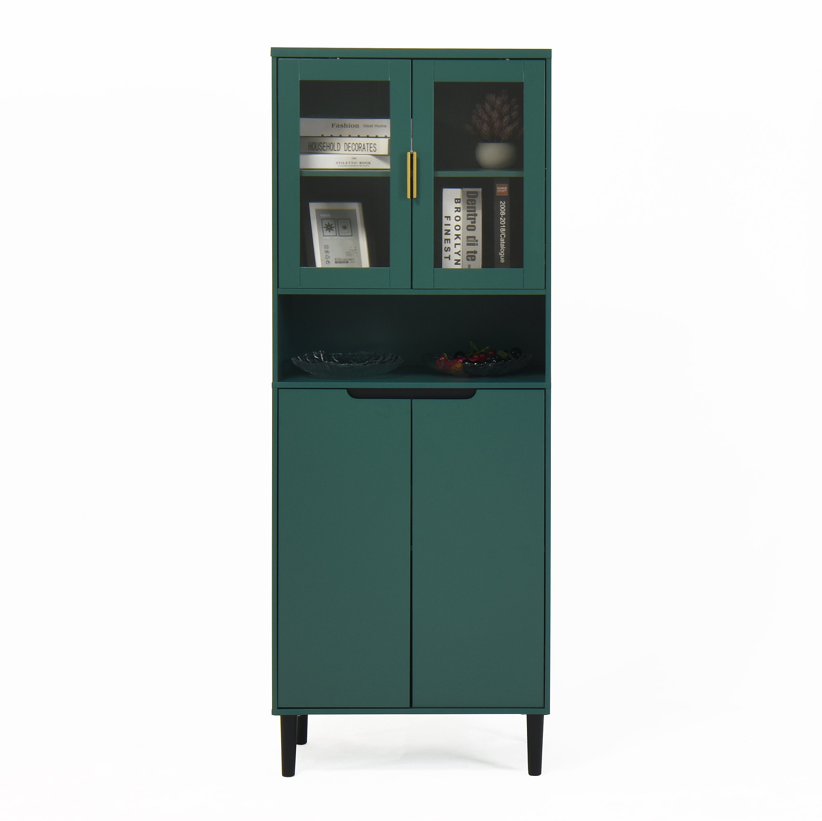 Tempered Glass Door Tall Storage Bookcase with adjustable board, 4 doors MDF painting finished cabinet, Green, Living room Bedroom storage - Grand Goldman Shop
