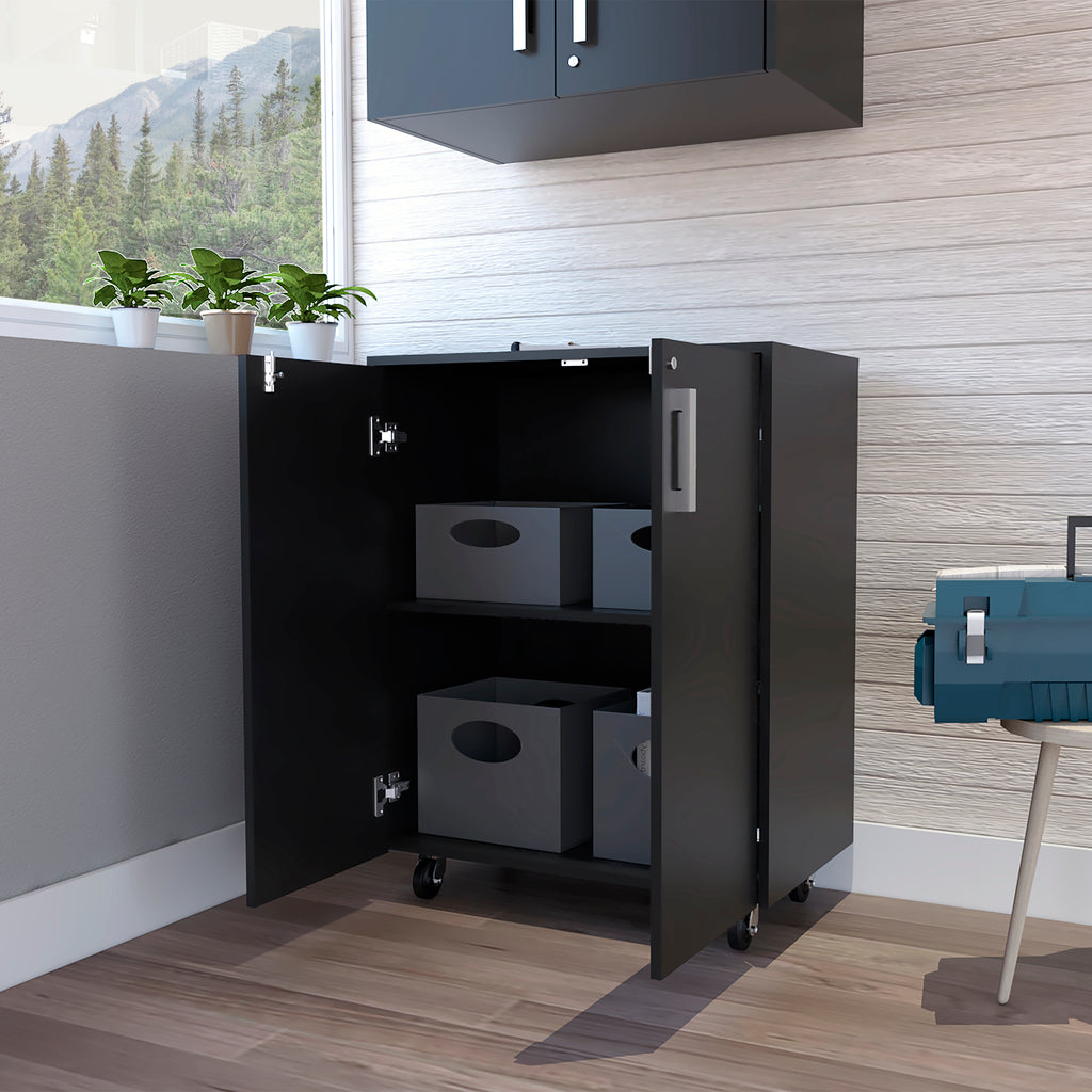 Storage Cabinet, Casters, Double Door, Two Interior Shelves -Black | Premium Home Decor - Grand Goldman